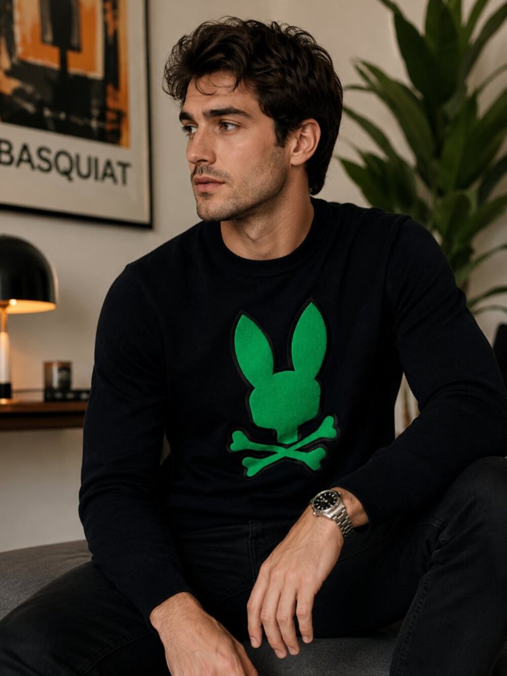 $165 NWT Men's Psycho Bunny Palmdale Crew Neck Sweater Black & Green Size MEDIUM